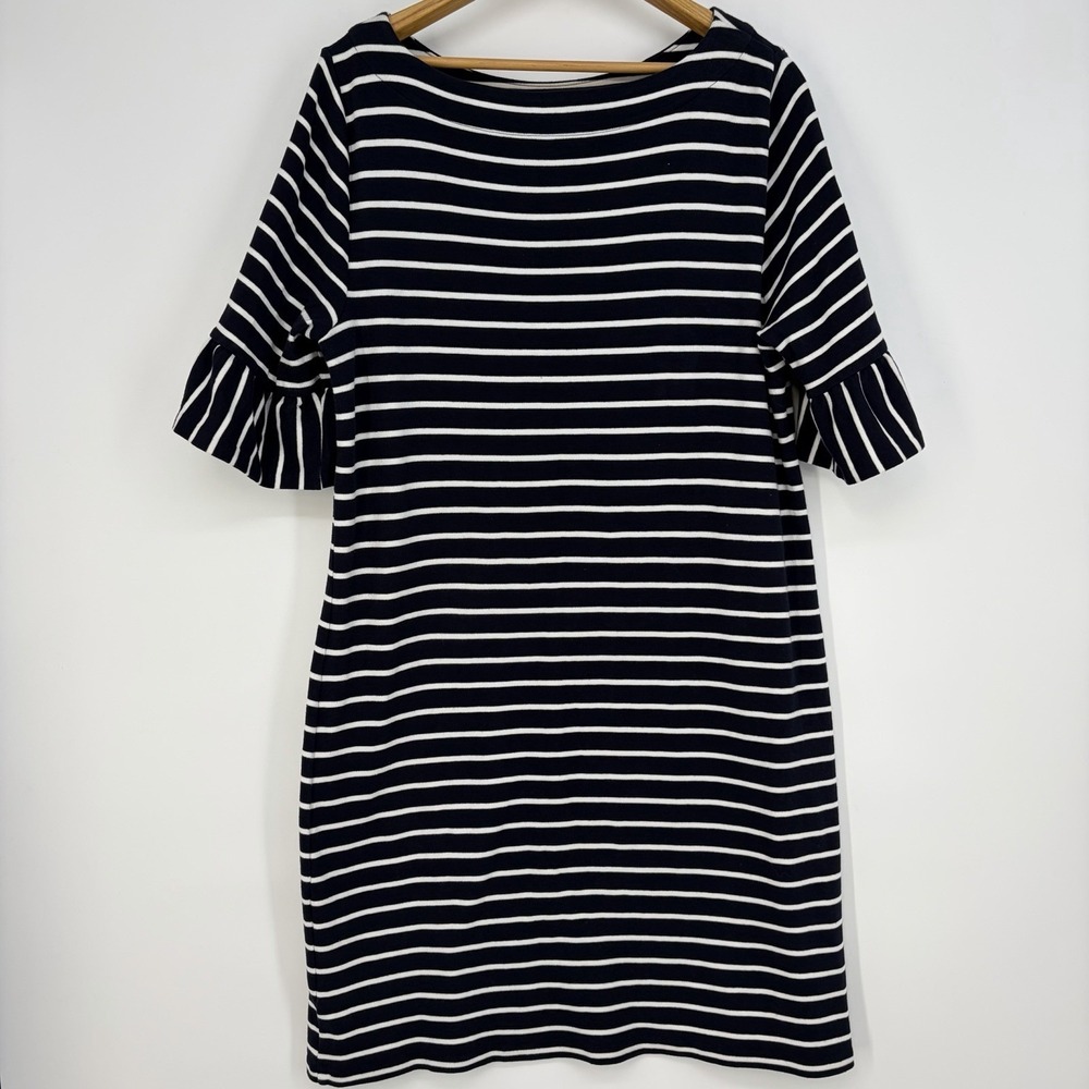 Talbots Striped Bell Sleeve Shift Dress XL Cotton Navy White Nautical Summer - Picture 6 of 10